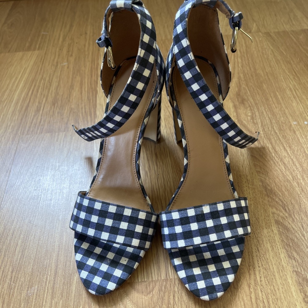 J Crew Gingham High Heel Shoes Womens Size 9‎ Wedding 4" Heels Peep Toe Sandals